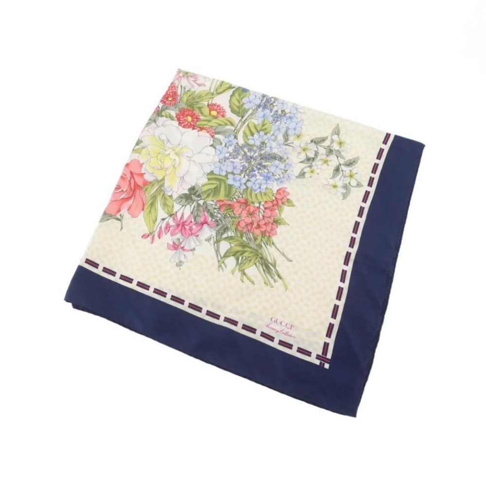 GUCCI Blue Floral Scarf with Navy Border
